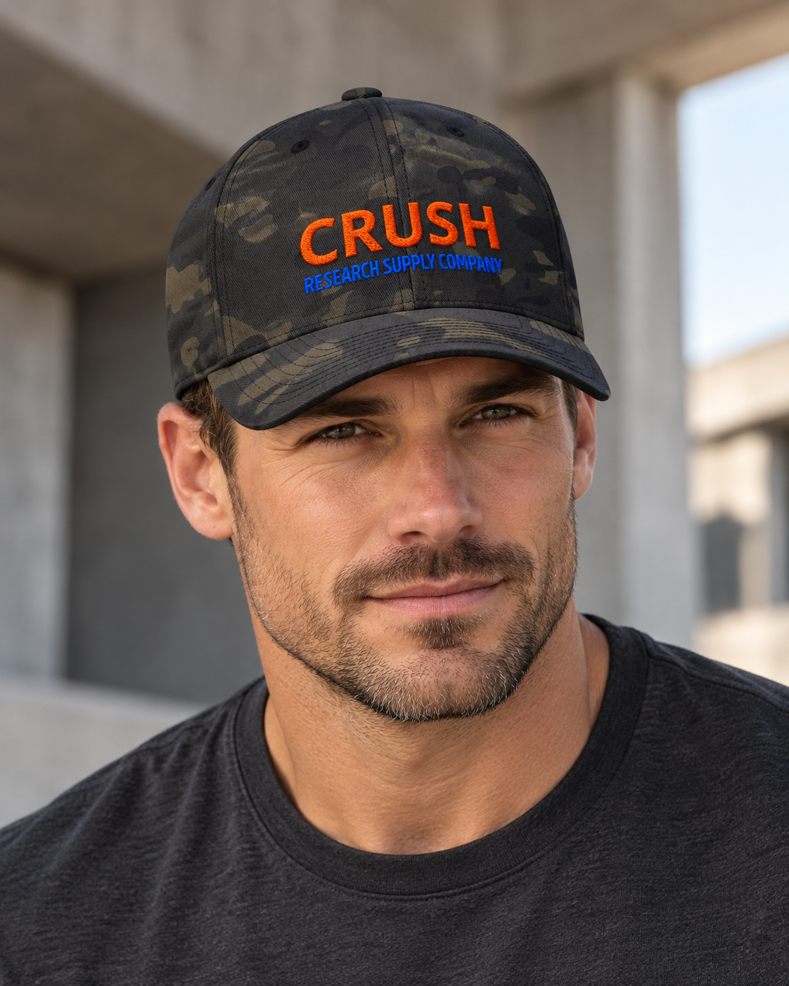 Model wearing CRUSH Research Supply Company Flexfit cap in Multicam Black