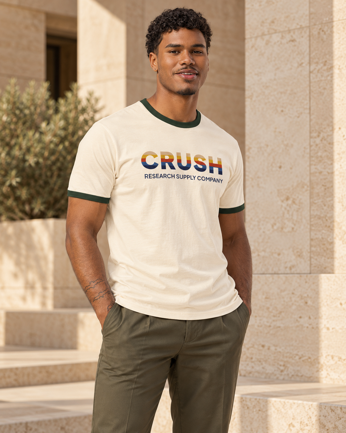 CRUSH ringer — Natural / Forest Green on model