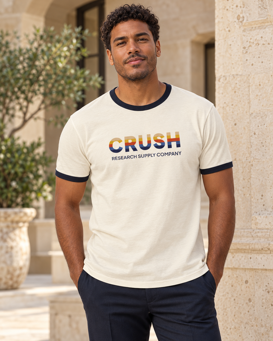 CRUSH ringer — Natural / Midnight Navy on model