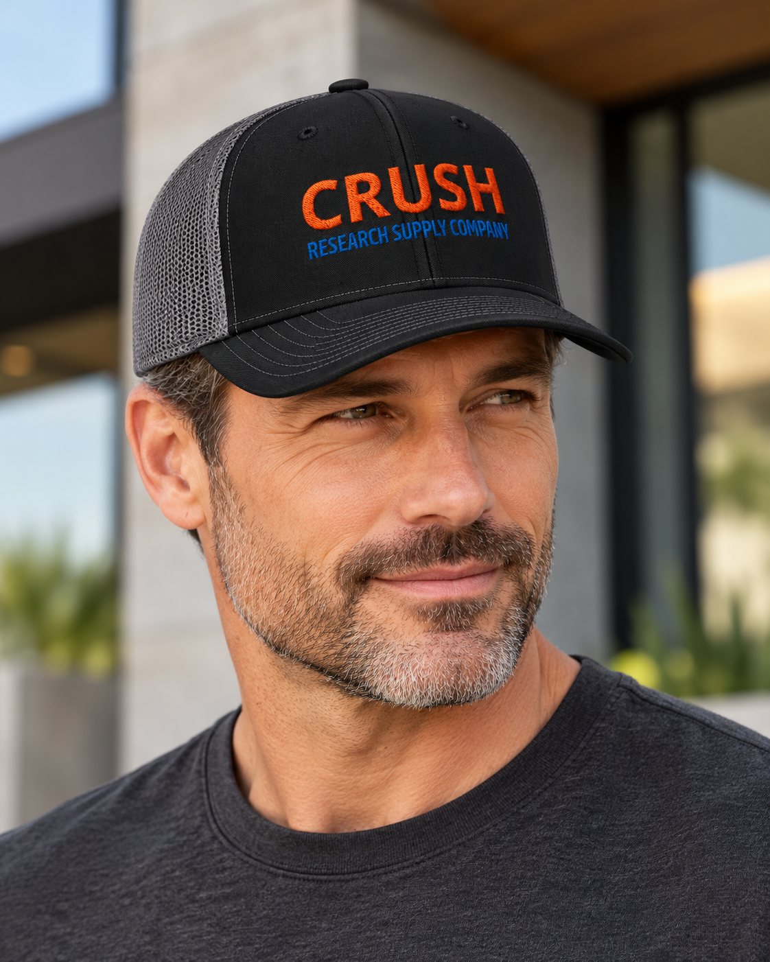 CRUSH trucker — Black / Charcoal on model